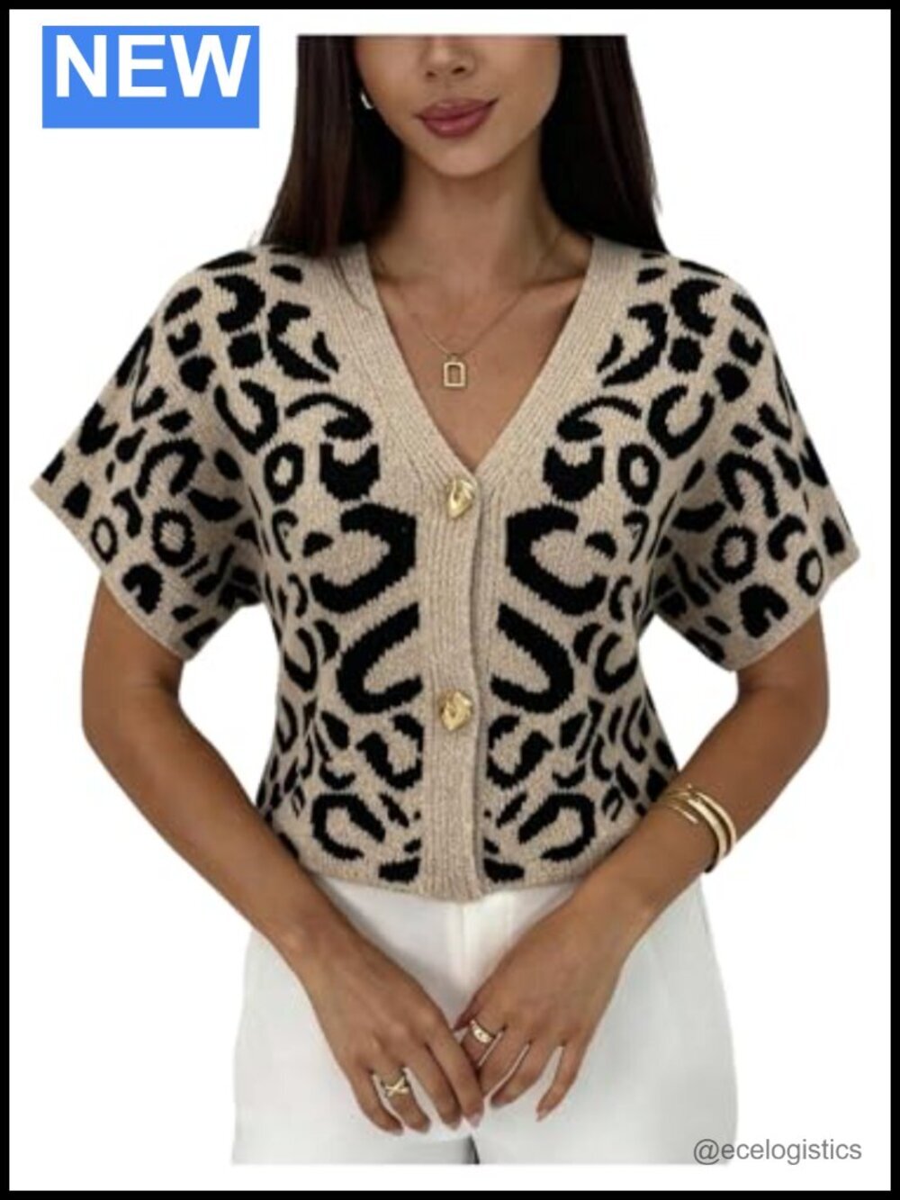 Leopard Print Short Sleeve Cardigan, V Neck Button Up Knit Sweater Vest